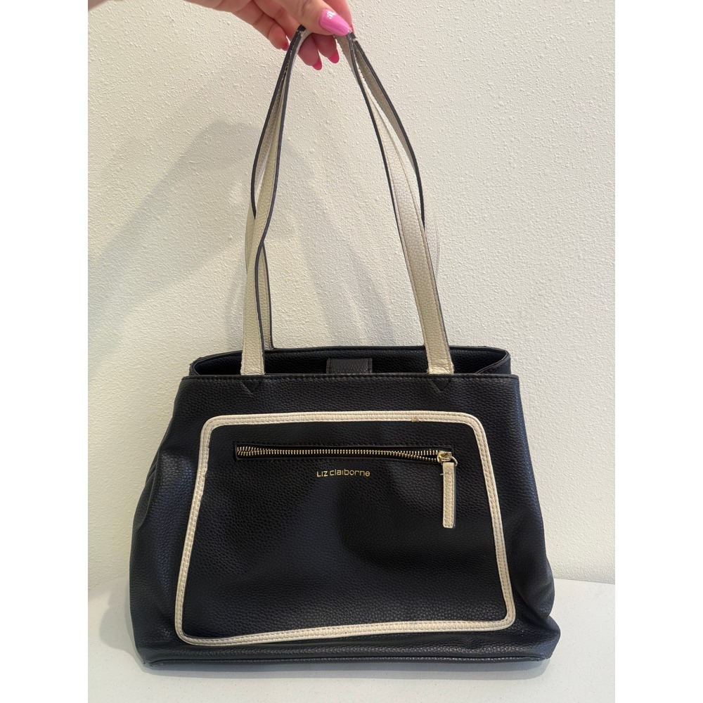 Liz Claiborne Black Cream Pebbled‎ Faux Leather Tote Shoulder Bag Gold Hardware